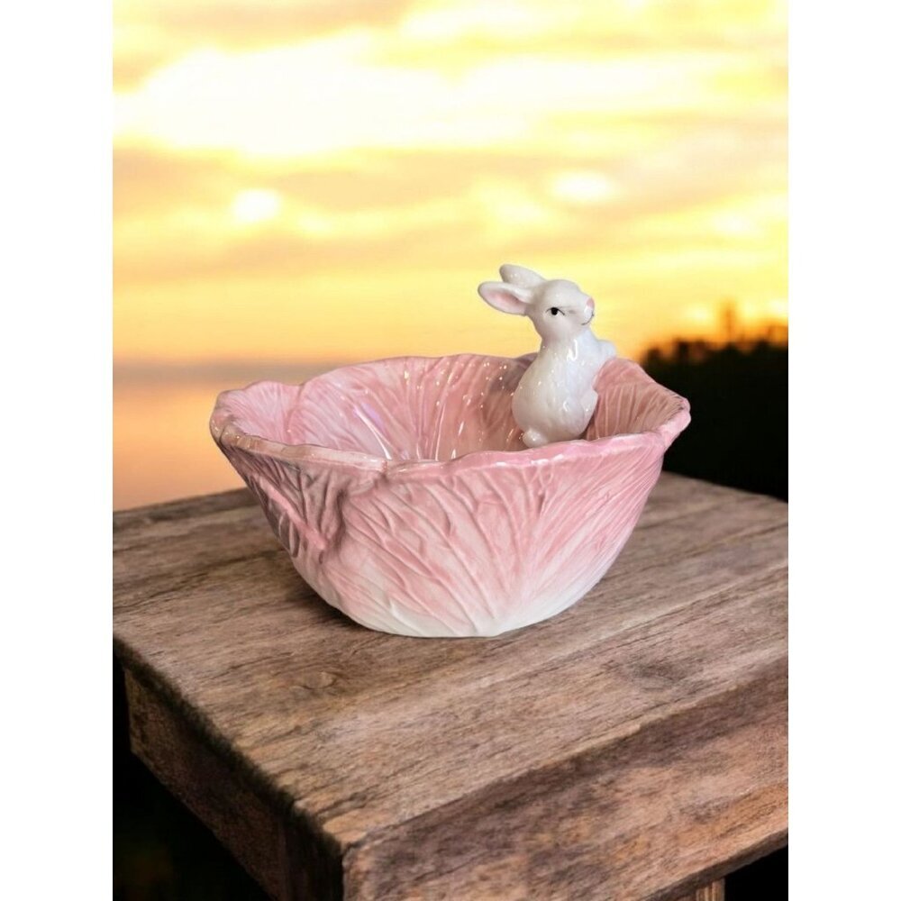 New Pink Easter Bunny Candy Bowl Ceramic Easter Rabbit Candy Dish Cabbage Shape
